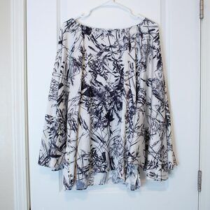 NWT 12 Joseph Ribkoff White/Cream Black Blouse Tunic Foliage Bell Sleeve Ribbon